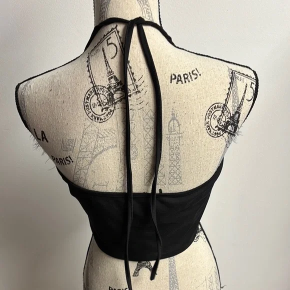 Black Feather Trim Crop Top with Cutout - Picture 4 of 14